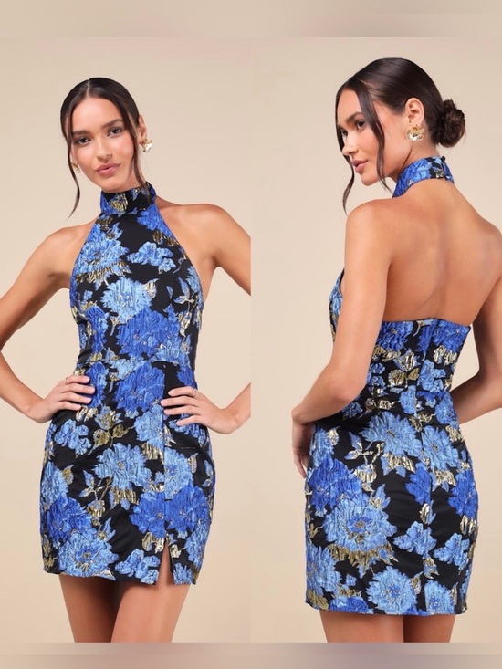 Lulus Dresses & Skirts - Rare NWOT Lulu's Blue Floral Halter Mini Dress with Gold Accents